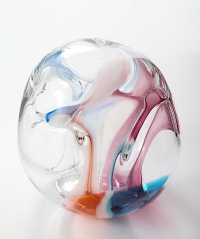 Peter Bramhall Large Clear Glass Sculpture with Blue Magenta Glass Threads by Peter Bramhall