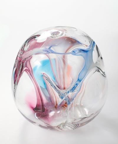 Peter Bramhall Large Clear Glass Sculpture with Blue Magenta Glass Threads by Peter Bramhall