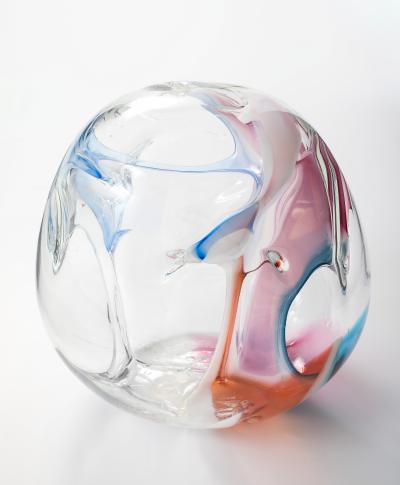 Peter Bramhall Large Clear Glass Sculpture with Blue Magenta Glass Threads by Peter Bramhall