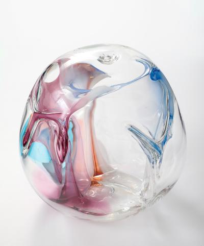 Peter Bramhall Large Clear Glass Sculpture with Blue Magenta Glass Threads by Peter Bramhall