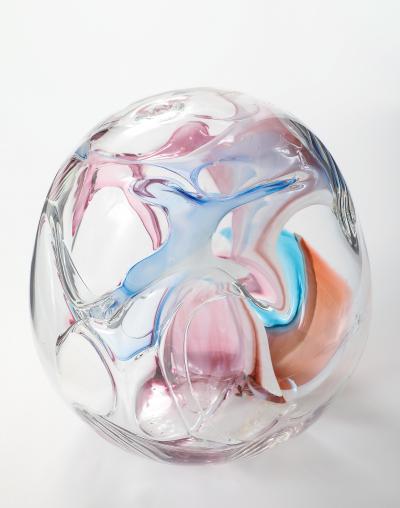 Peter Bramhall Large Clear Glass Sculpture with Blue Magenta Glass Threads by Peter Bramhall