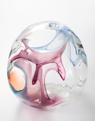 Peter Bramhall Large Clear Glass Sculpture with Blue Magenta Glass Threads by Peter Bramhall