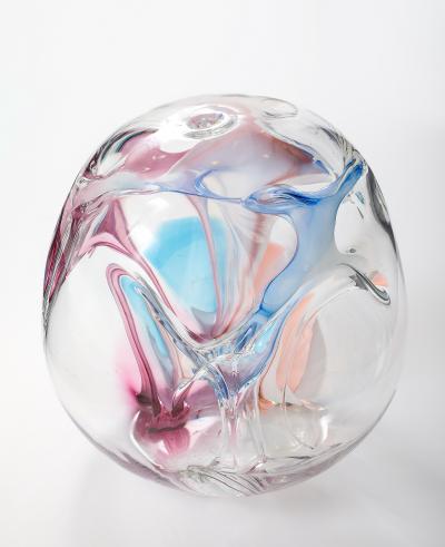 Peter Bramhall Large Clear Glass Sculpture with Blue Magenta Glass Threads by Peter Bramhall