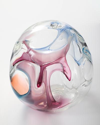 Peter Bramhall Large Clear Glass Sculpture with Blue Magenta Glass Threads by Peter Bramhall