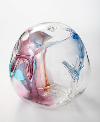 Peter Bramhall Large Clear Glass Sculpture with Blue Magenta Glass Threads by Peter Bramhall