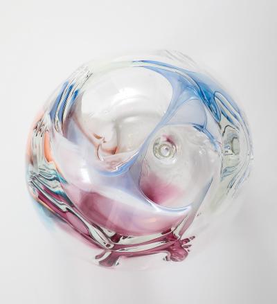 Peter Bramhall Large Clear Glass Sculpture with Blue Magenta Glass Threads by Peter Bramhall