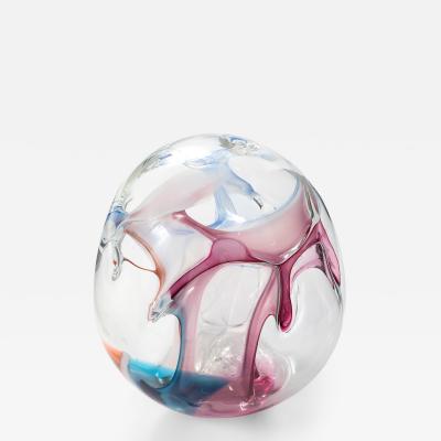 Peter Bramhall Large Clear Glass Sculpture with Blue Magenta Glass Threads by Peter Bramhall