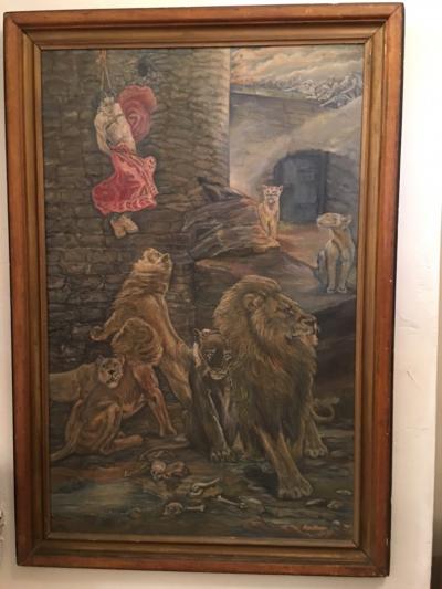 Peter Maier MID CENTURY MEDIEVAL SACRIFICE TO LION DEN PAINTING