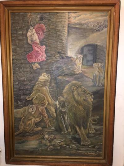 Peter Maier MID CENTURY MEDIEVAL SACRIFICE TO LION DEN PAINTING