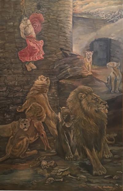 Peter Maier MID CENTURY MEDIEVAL SACRIFICE TO LION DEN PAINTING