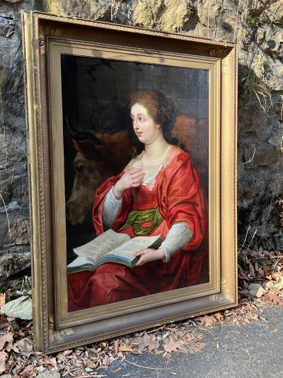 Peter Paul Rubens OLD MASTER WOMAN READING BOOK WITH COW DONKEY FOLLOWER OF RUBENS PAINTING