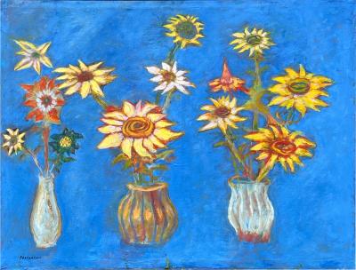 Peter Zaccaria Passuntino LARGE ABSTRACT SUNFLOWERS IN VASES PAINTING BY PETER PASSUNTINO