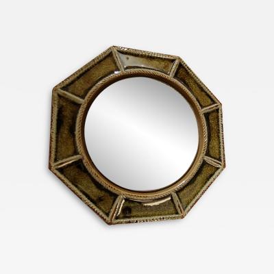 Petite Cloisonn Green Enameled Ceramic Octogonal Wall Mirror France 1960s