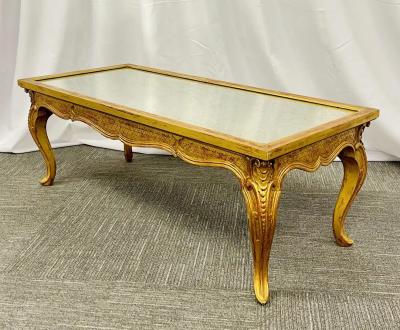 Petite Hollywood Regency Style Coffee Table Giltwood Base Antiqued Mirror Top
