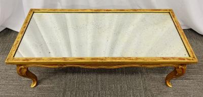 Petite Hollywood Regency Style Coffee Table Giltwood Base Antiqued Mirror Top