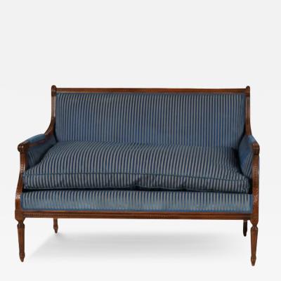 Petite Louis XVI Carved Mahogany Blue Silk Striped Down Cushion Canape Settee