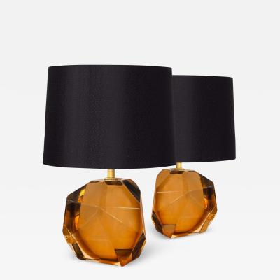 Petite Pair of Amber Faceted Murano Glass Table Lamps