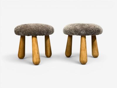 Philip Arctander Danish Modern Style Gray Sheepskin Maple Shearling Footstools 21st c 