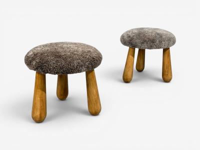 Philip Arctander Danish Modern Style Gray Sheepskin Maple Shearling Footstools 21st c 