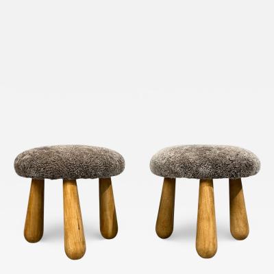 Philip Arctander Danish Modern Style Gray Sheepskin Maple Shearling Footstools 21st c 