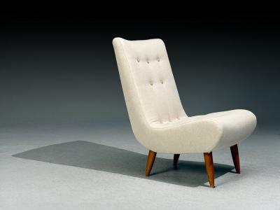 Philip Arctander Swedish Modern Scoop Lounge Chair Beige Linen Beech Sweden 1940s