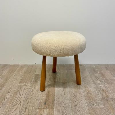 Philip Arctander Swedish Modern Style Beige Sheepskin Stained Wood Ottoman or Footstool