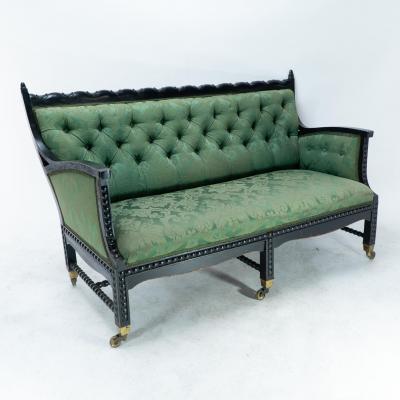 Philip Webb Philip Webb for Morris Co Aesthetic Movement Ebonised Settee with Bobbins