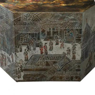 Philip and Kelvin LaVerne LaVerne Lo Ta Side Table Hexagonal Bronze Pewter Natural Patinas Signed