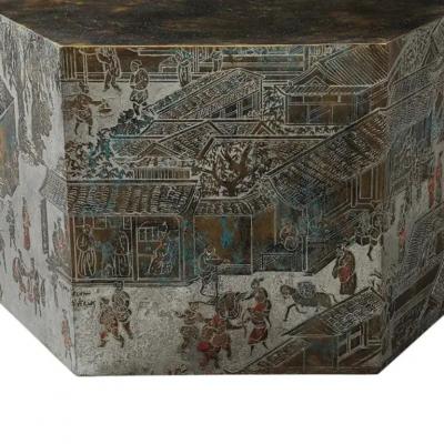 Philip and Kelvin LaVerne LaVerne Lo Ta Side Table Hexagonal Bronze Pewter Natural Patinas Signed