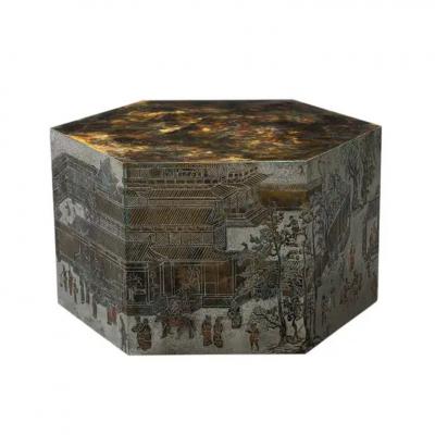 Philip and Kelvin LaVerne LaVerne Lo Ta Side Table Hexagonal Bronze Pewter Natural Patinas Signed