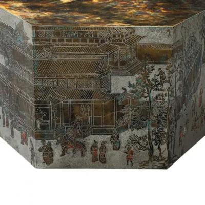 Philip and Kelvin LaVerne LaVerne Lo Ta Side Table Hexagonal Bronze Pewter Natural Patinas Signed