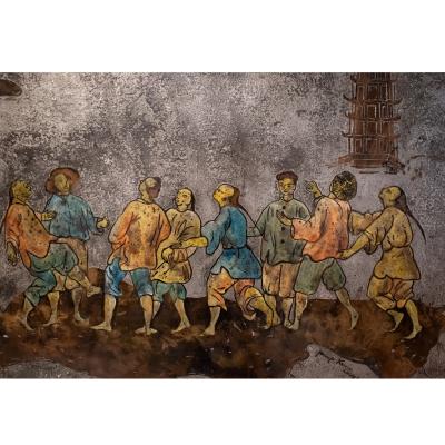 Philip and Kelvin LaVerne Philip and Kelvin LaVerne Tower of Babel Engraved Painting 1960s Signed 