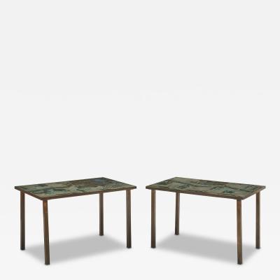 Philip and Kelvin LaVerne Rare Pair of Acid Etched Bronze and Pewter Tao Diptych Side Tables