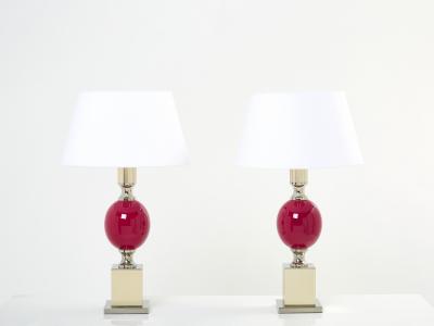 Philippe Barbier Pair of French enameled brass chrome table lamps Philippe Barbier 1970s