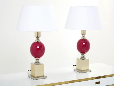 Philippe Barbier Pair of French enameled brass chrome table lamps Philippe Barbier 1970s