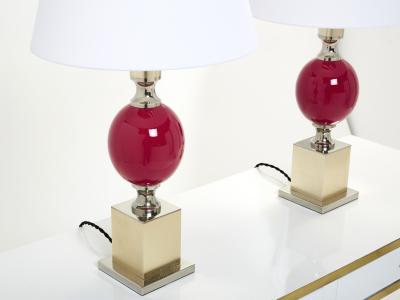 Philippe Barbier Pair of French enameled brass chrome table lamps Philippe Barbier 1970s