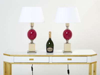 Philippe Barbier Pair of French enameled brass chrome table lamps Philippe Barbier 1970s