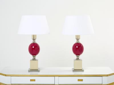 Philippe Barbier Pair of French enameled brass chrome table lamps Philippe Barbier 1970s