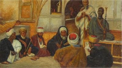 Philippe Pavy Orientalist oil painting of a Council of Elders by Philippe Pavy