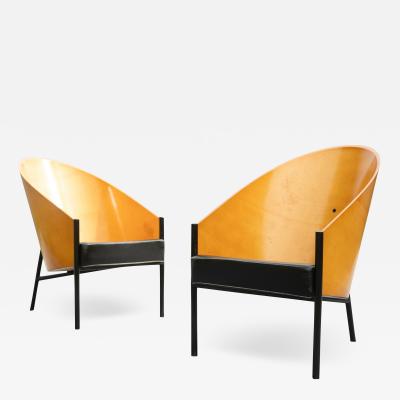 Philippe Starck Rare Pair Philippe Starck for Driade Pratfall Lounge Chairs Black Leather Oak