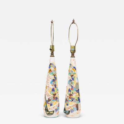 Phyllis Morris Pair of Phyllis Morris Mid Century American Porcelain Village Table Lamps