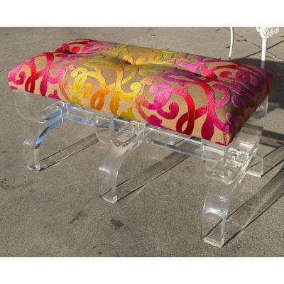 Phyllis Morris Scalamandre Cut Velvet Upholstered Phyllis Morris Lucite Bench