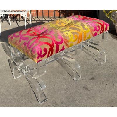 Phyllis Morris Scalamandre Cut Velvet Upholstered Phyllis Morris Lucite Bench