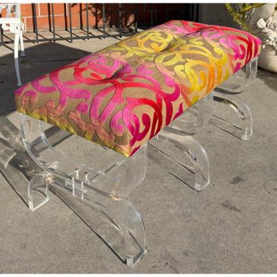 Phyllis Morris Scalamandre Cut Velvet Upholstered Phyllis Morris Lucite Bench