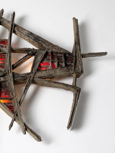 Pia Manu Pia Manu Brutalist Illuminated Wall Sculpture in Steel Red Stained Glass 1970s