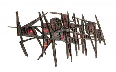 Pia Manu Pia Manu Brutalist Illuminated Wall Sculpture in Steel Red Stained Glass 1970s