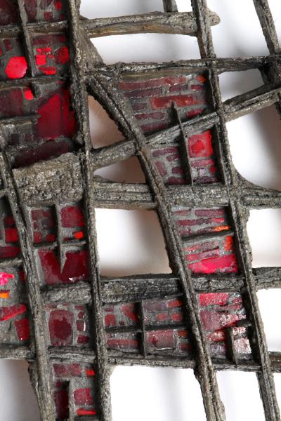 Pia Manu Pia Manu Brutalist Illuminated Wall Sculpture in Steel Red Stained Glass 1970s