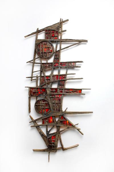 Pia Manu Pia Manu Brutalist Illuminated Wall Sculpture in Steel Red Stained Glass 1970s