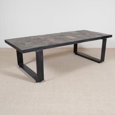 Pia Manu Pia Manu Low Table in Beige Brown Tiles and Metal Base Belgium c 1960s