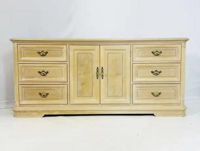 Pickled White Oakwood Credenza Dresser with Nine Drawers
